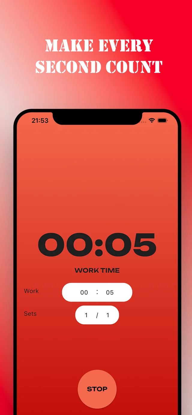 Gym Chrono during a work interval, with a large countdown on a red screen